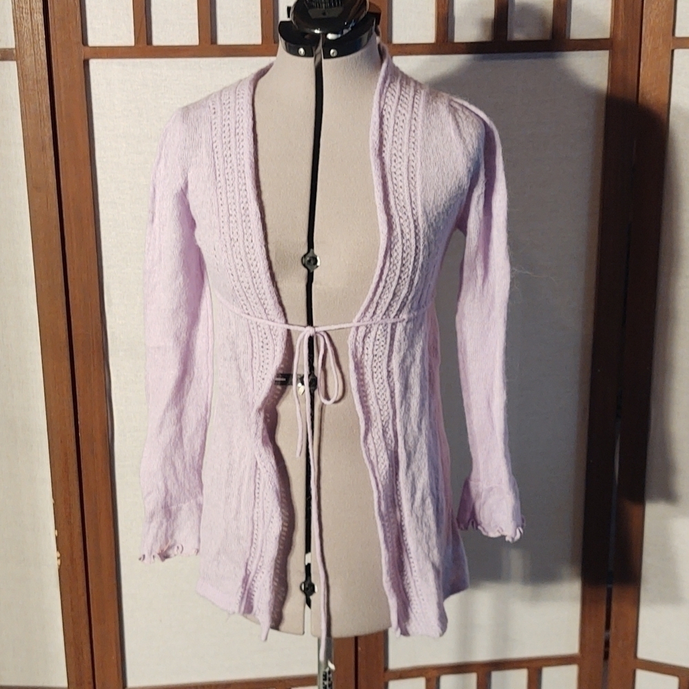 Simply Flawless Mohair Blend Pointelle Knit Open Front Lavender Cardigan Sz S